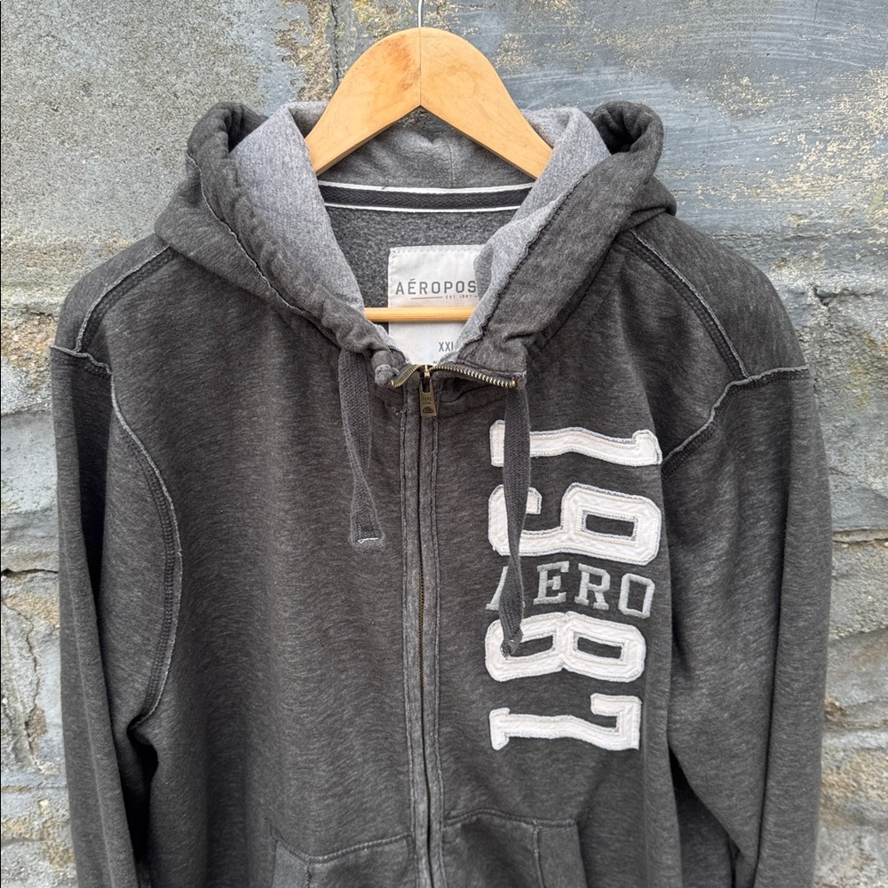 Y2K Aero Hoodie XXL Zip Up Gray Aeropostale Spellout Surf 2000s